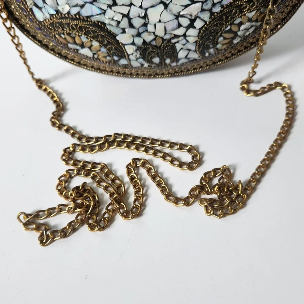 Vintage Handmade Brass Mother of Pearl Mosaic Crossbody Clutch Purse Bohemian